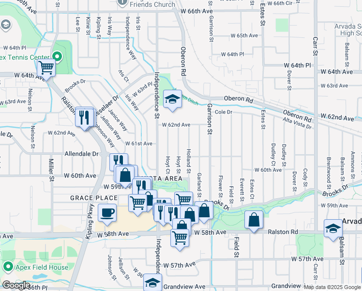 map of restaurants, bars, coffee shops, grocery stores, and more near 6171 Hoyt Street in Arvada