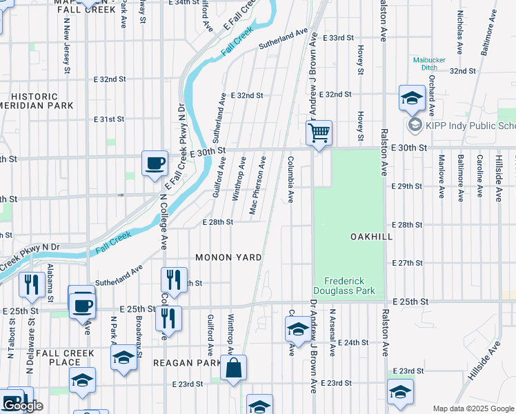 map of restaurants, bars, coffee shops, grocery stores, and more near 2845 Mac Pherson Avenue in Indianapolis