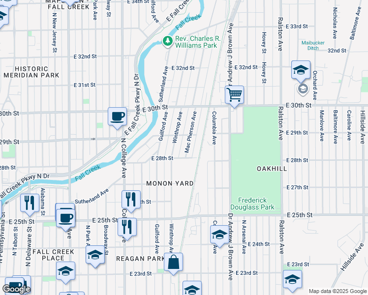 map of restaurants, bars, coffee shops, grocery stores, and more near 2845 Mac Pherson Avenue in Indianapolis