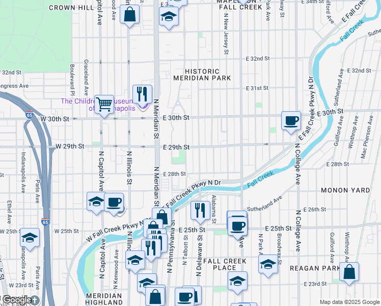 map of restaurants, bars, coffee shops, grocery stores, and more near 2905 North Talbott Street in Indianapolis