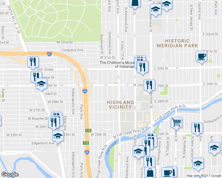 map of restaurants, bars, coffee shops, grocery stores, and more near 236 West 29th Street in Indianapolis