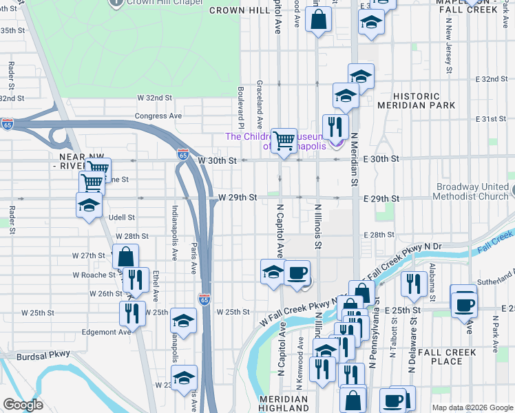 map of restaurants, bars, coffee shops, grocery stores, and more near 236 West 29th Street in Indianapolis