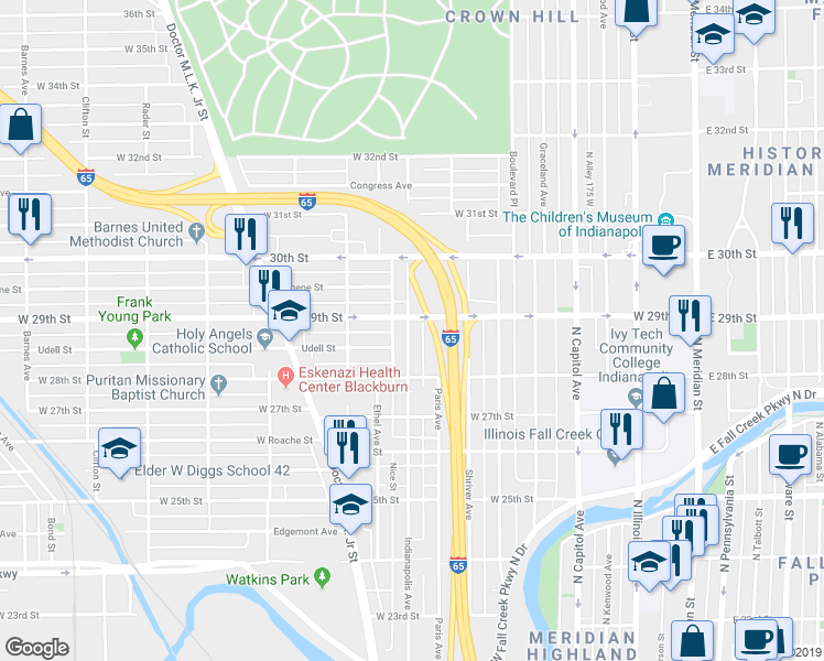 map of restaurants, bars, coffee shops, grocery stores, and more near 450 West 29th Street in Indianapolis