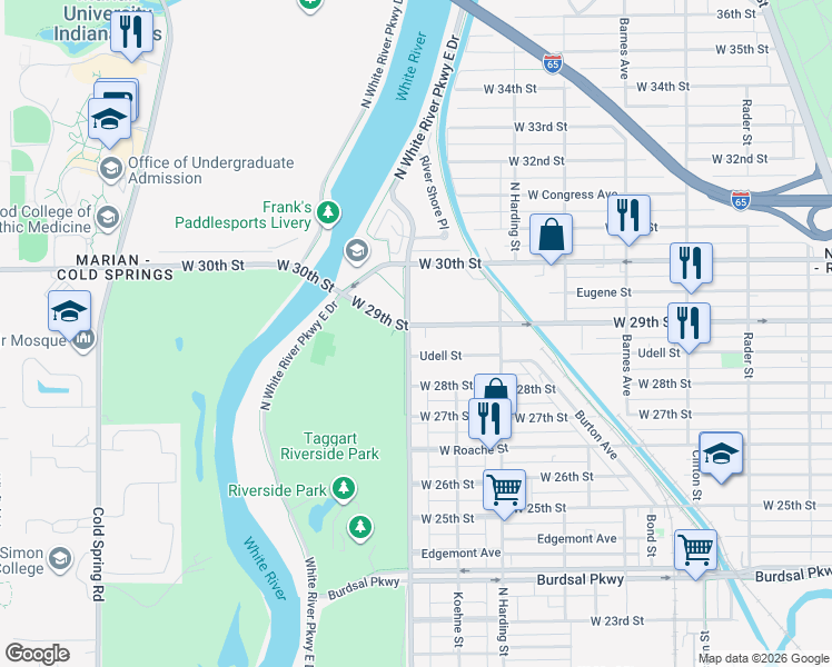 map of restaurants, bars, coffee shops, grocery stores, and more near in Indianapolis