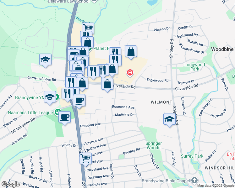 map of restaurants, bars, coffee shops, grocery stores, and more near 400 Lee Terrace in Wilmington