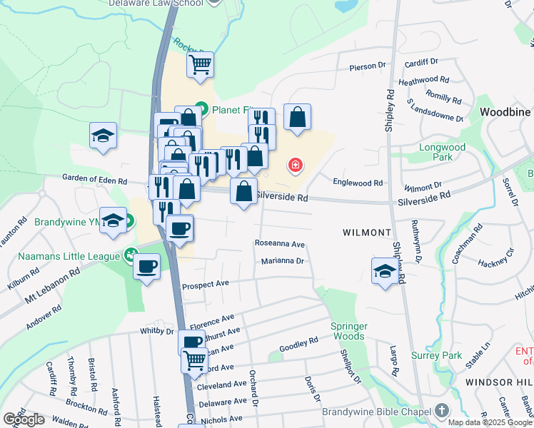 map of restaurants, bars, coffee shops, grocery stores, and more near 400 Lee Terrace in Wilmington