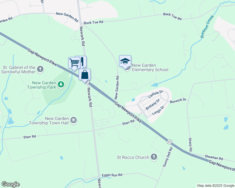 map of restaurants, bars, coffee shops, grocery stores, and more near 275 New Garden Road in Toughkenamon
