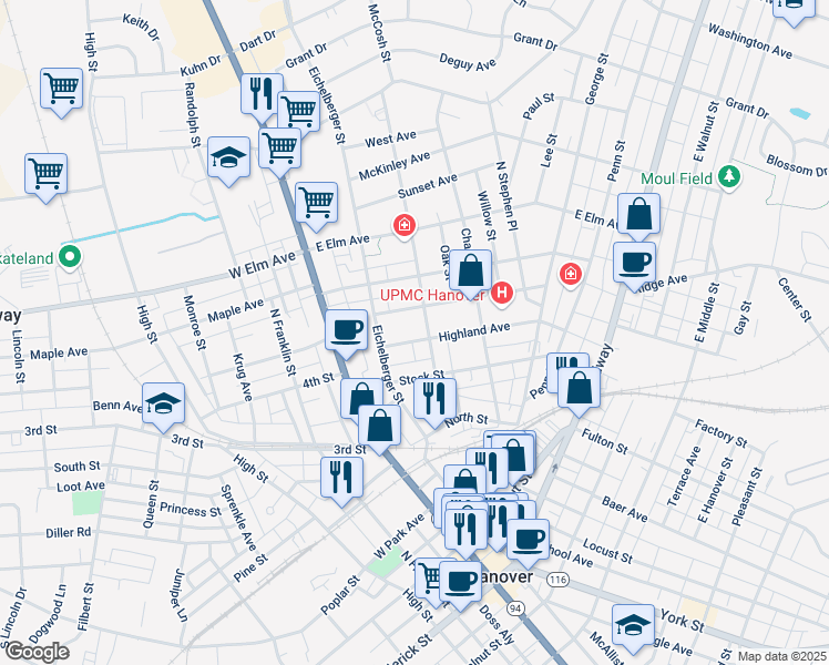 map of restaurants, bars, coffee shops, grocery stores, and more near 20 Highland Avenue in Hanover