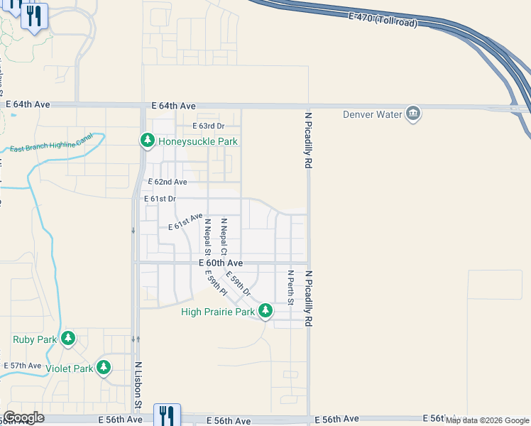map of restaurants, bars, coffee shops, grocery stores, and more near 21400 East 61st Drive in Aurora
