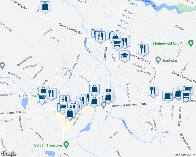 map of restaurants, bars, coffee shops, grocery stores, and more near 2311 Timber Creek in Clementon