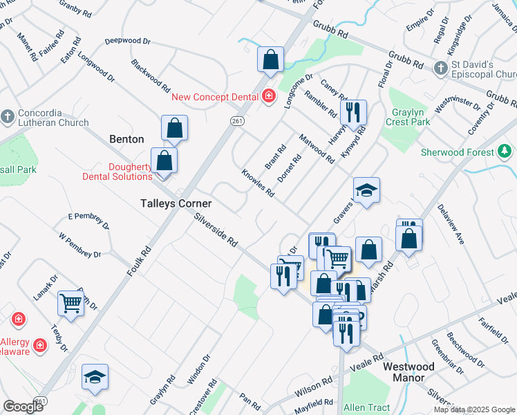 map of restaurants, bars, coffee shops, grocery stores, and more near 13 Bromley Court in Wilmington