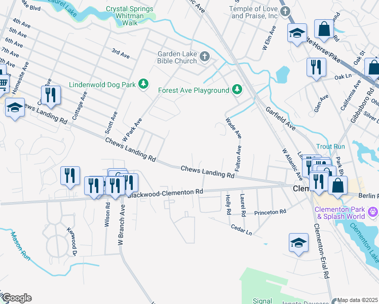 map of restaurants, bars, coffee shops, grocery stores, and more near 26 Naylor Avenue in Clementon