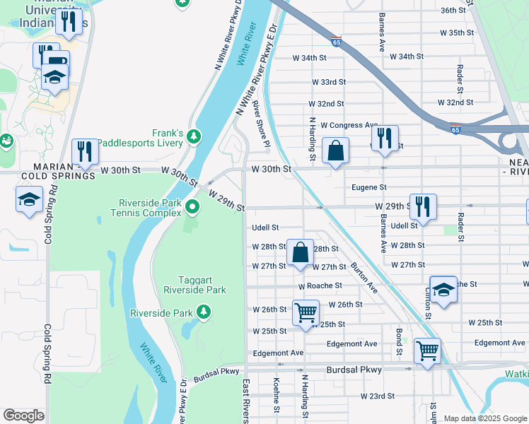 map of restaurants, bars, coffee shops, grocery stores, and more near 1519 West 29th Street in Indianapolis