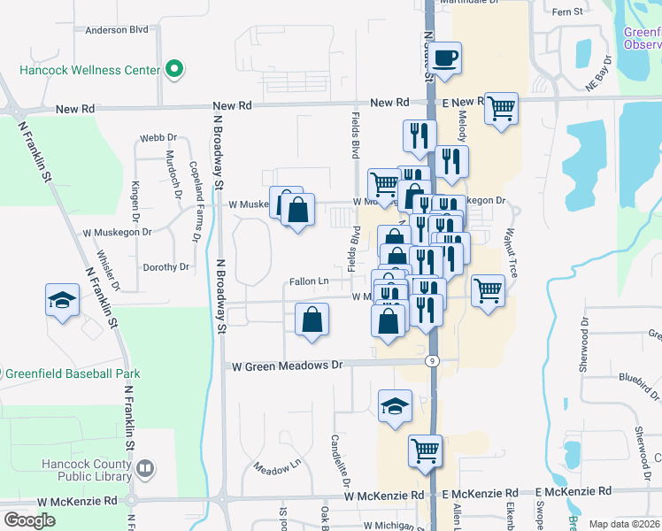 map of restaurants, bars, coffee shops, grocery stores, and more near 1692 Fallon Court in Greenfield