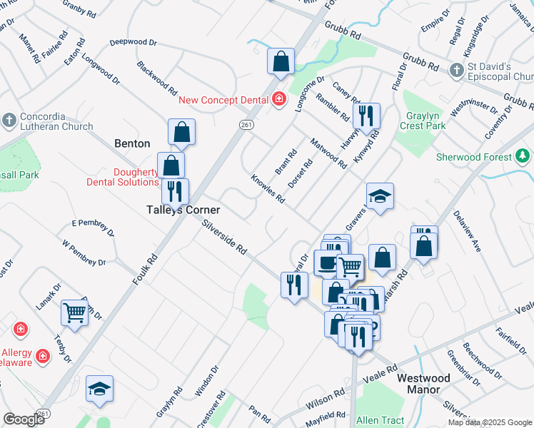 map of restaurants, bars, coffee shops, grocery stores, and more near 13 Bromley Court in Wilmington