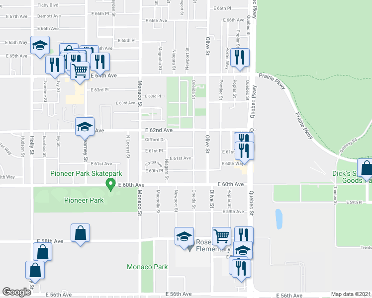 map of restaurants, bars, coffee shops, grocery stores, and more near 6177 Oneida Street in Commerce City