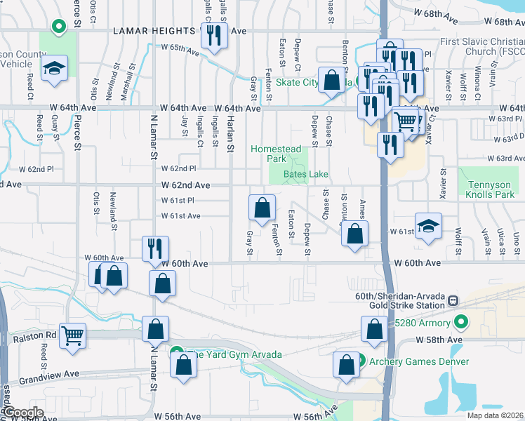 map of restaurants, bars, coffee shops, grocery stores, and more near 5774 West 61st Place in Arvada