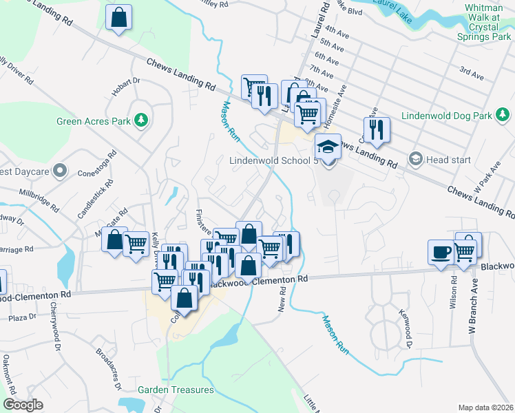 map of restaurants, bars, coffee shops, grocery stores, and more near 2311 Timber Creek in Clementon