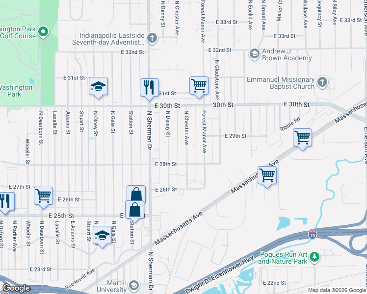 map of restaurants, bars, coffee shops, grocery stores, and more near 2862 North Chester Avenue in Indianapolis