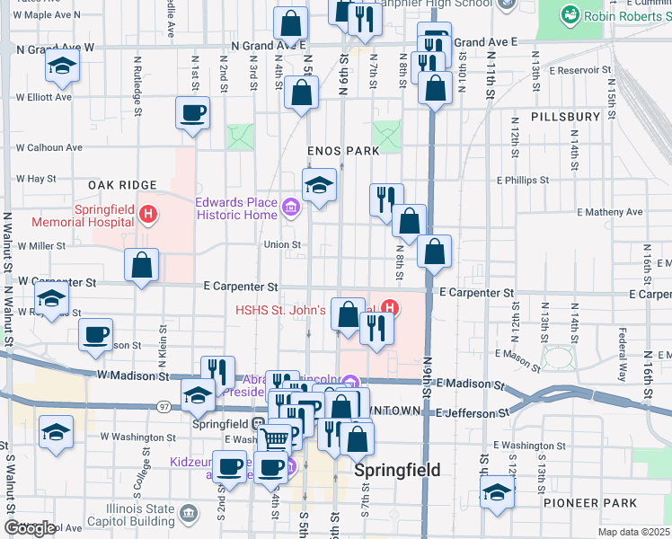 map of restaurants, bars, coffee shops, grocery stores, and more near 700 North 6th Street in Springfield