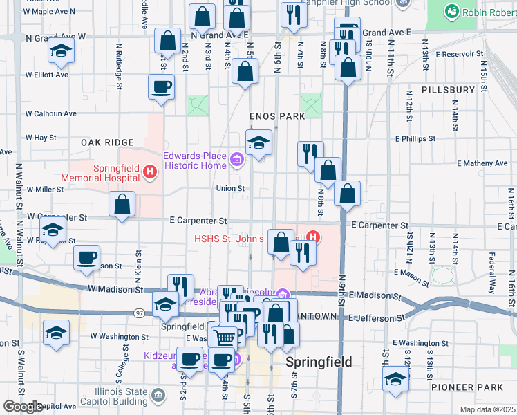 map of restaurants, bars, coffee shops, grocery stores, and more near 704 North 5th Street in Springfield