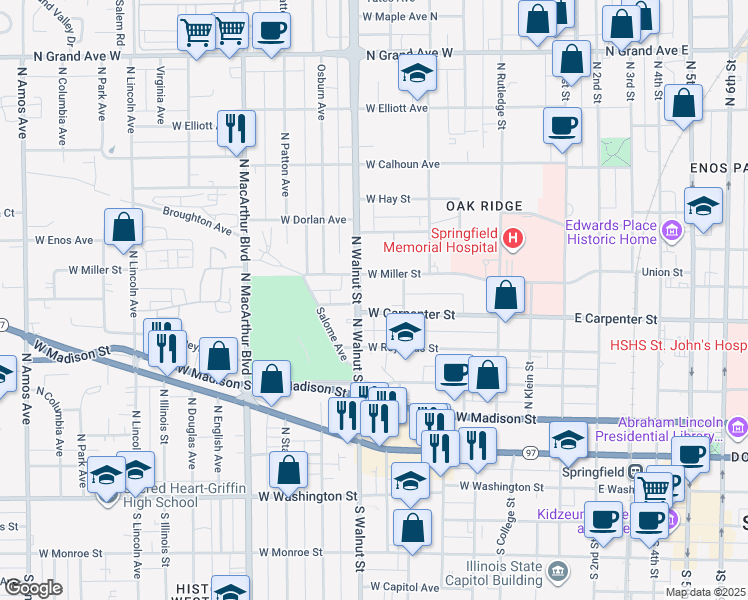 map of restaurants, bars, coffee shops, grocery stores, and more near 546 West Miller Street in Springfield