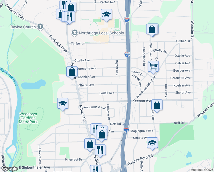 map of restaurants, bars, coffee shops, grocery stores, and more near 2227 Sherer Avenue in Dayton