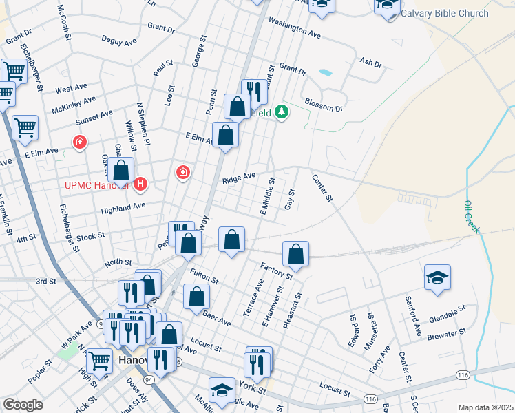 map of restaurants, bars, coffee shops, grocery stores, and more near 612 East Middle Street in Hanover