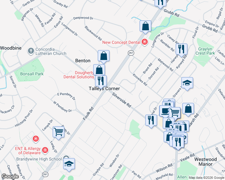 map of restaurants, bars, coffee shops, grocery stores, and more near in New Castle County