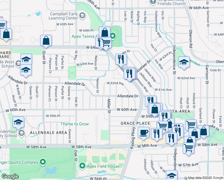 map of restaurants, bars, coffee shops, grocery stores, and more near 10334 West 62nd Avenue in Arvada