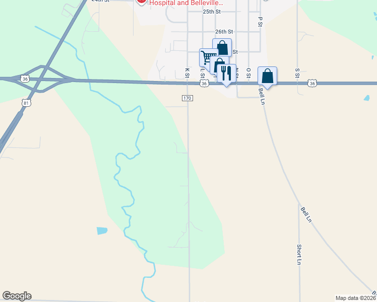 map of restaurants, bars, coffee shops, grocery stores, and more near 1175 County Road 170 in Belleville