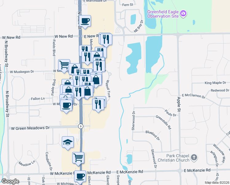 map of restaurants, bars, coffee shops, grocery stores, and more near 1721 Walnut Trce in Greenfield