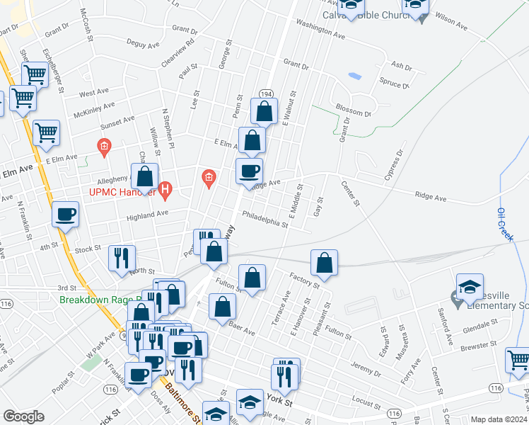 map of restaurants, bars, coffee shops, grocery stores, and more near 519 East Walnut Street in Hanover
