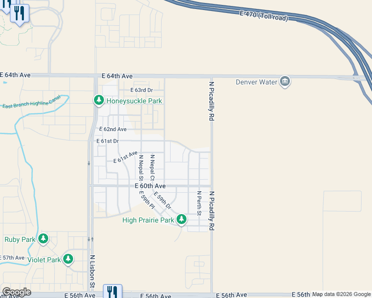 map of restaurants, bars, coffee shops, grocery stores, and more near 6143 North Orleans Street in Aurora