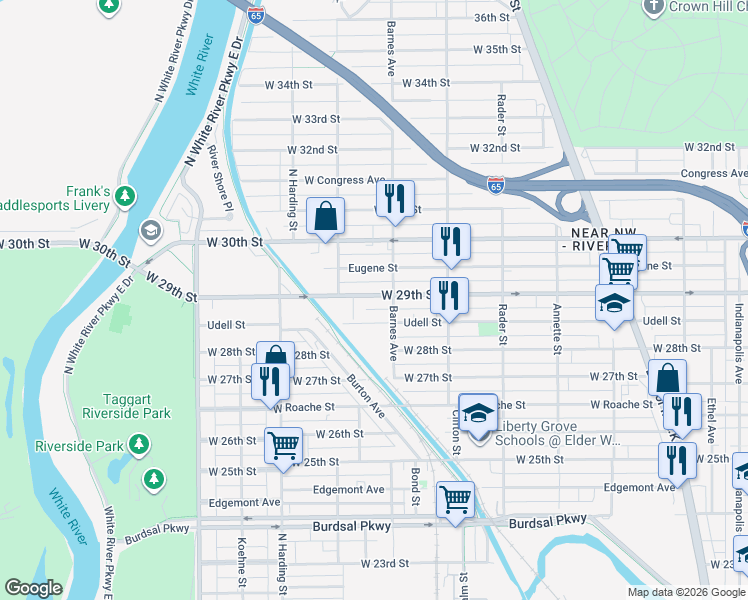 map of restaurants, bars, coffee shops, grocery stores, and more near 1242 West 29th Street in Indianapolis