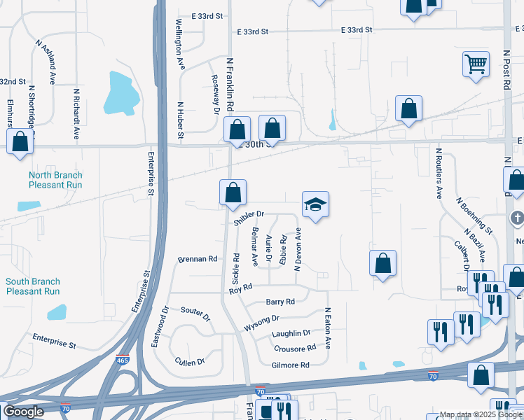 map of restaurants, bars, coffee shops, grocery stores, and more near 8108 Shibler Drive in Indianapolis