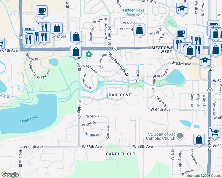 map of restaurants, bars, coffee shops, grocery stores, and more near 13665 West 61st Circle in Arvada