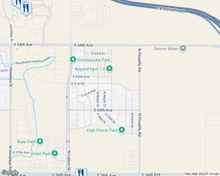 map of restaurants, bars, coffee shops, grocery stores, and more near 21328 East 61st Drive in Aurora