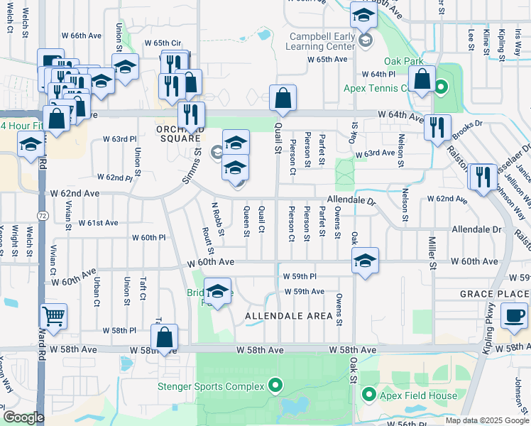 map of restaurants, bars, coffee shops, grocery stores, and more near 11224 Allendale Drive in Arvada