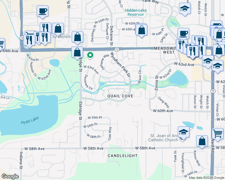 map of restaurants, bars, coffee shops, grocery stores, and more near 13665 West 61st Circle in Arvada