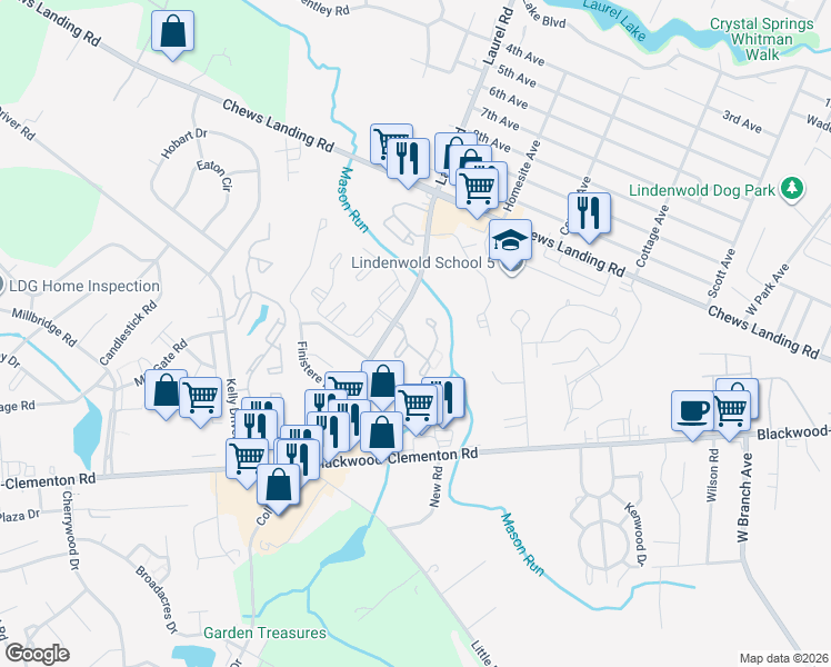 map of restaurants, bars, coffee shops, grocery stores, and more near 2311 Timber Creek in Clementon