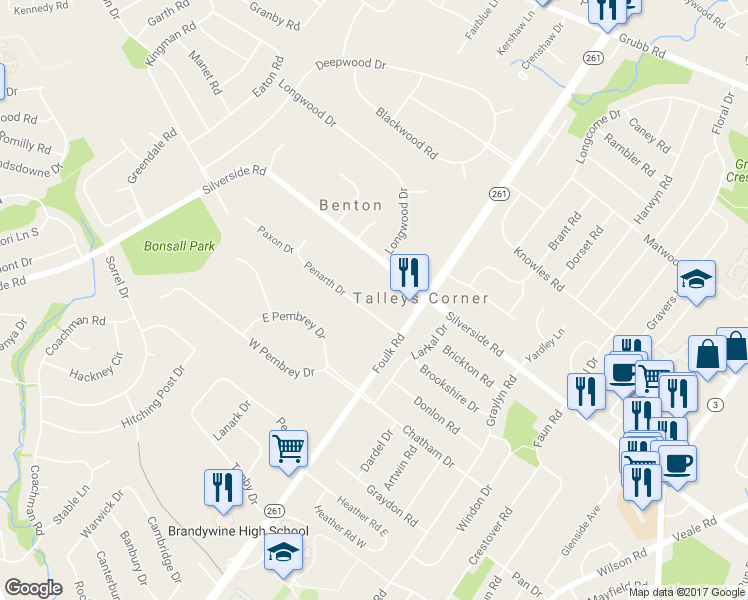 map of restaurants, bars, coffee shops, grocery stores, and more near 9 Penarth Drive in Wilmington