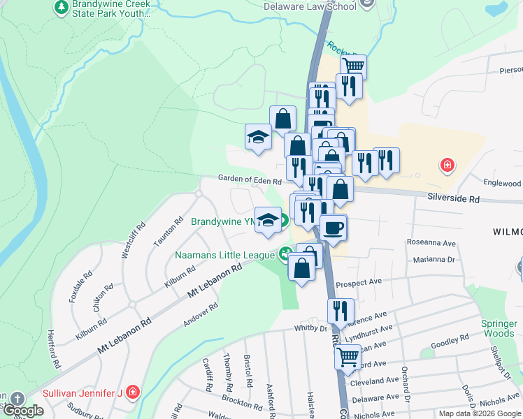 map of restaurants, bars, coffee shops, grocery stores, and more near 100 Garden of Eden Road in Wilmington