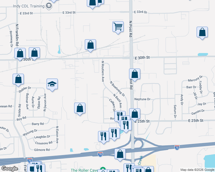 map of restaurants, bars, coffee shops, grocery stores, and more near 2814 North Boehning Street in Indianapolis