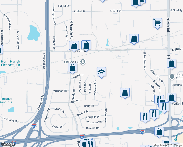 map of restaurants, bars, coffee shops, grocery stores, and more near 2855 North Franklin Road in Indianapolis