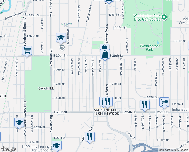 map of restaurants, bars, coffee shops, grocery stores, and more near 2845 Hillside Avenue in Indianapolis