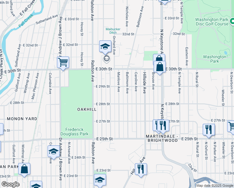 map of restaurants, bars, coffee shops, grocery stores, and more near 2845 Sangster Avenue in Indianapolis