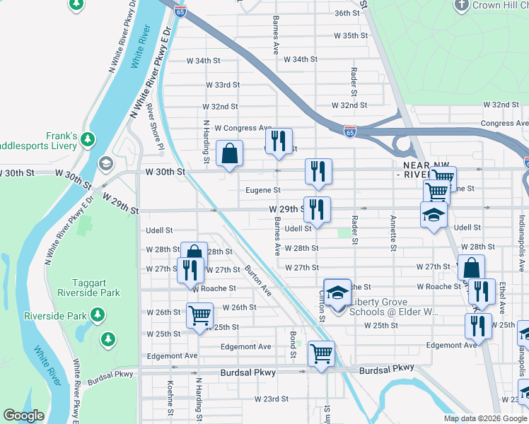 map of restaurants, bars, coffee shops, grocery stores, and more near 1242 West 29th Street in Indianapolis