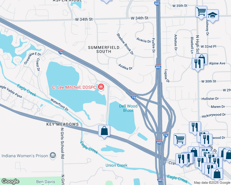 map of restaurants, bars, coffee shops, grocery stores, and more near 2960 Rolling Dunes Drive in Indianapolis