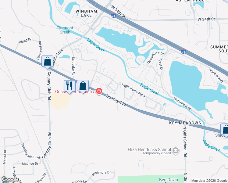 map of restaurants, bars, coffee shops, grocery stores, and more near 7859 Hunters Path in Indianapolis